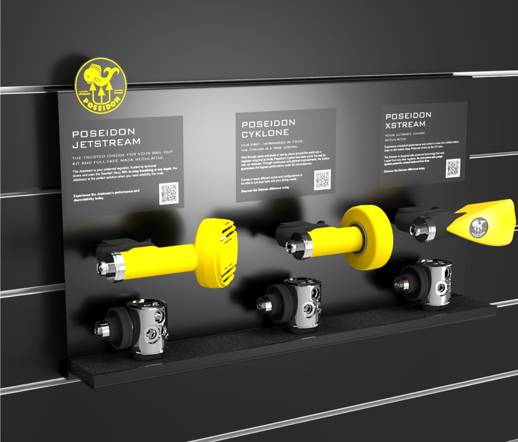 Poseidon regulator display installed on grid wall